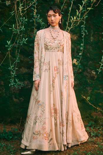 Paulmi And Harsh Rue Floral Print Anarkali With Cape 