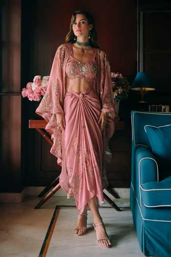 Paulmi And Harsh Rosin Embroidered Cape Skirt Set 