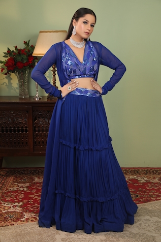 Buy Blue Silk And Embroidery Sarouk & Sequin Jacket Lehenga Set For Women  by Soup by Sougat Paul Online at Aza Fashions.