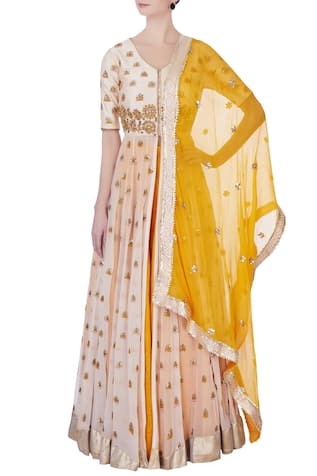 Yellow embroidered kurta lehenga set 