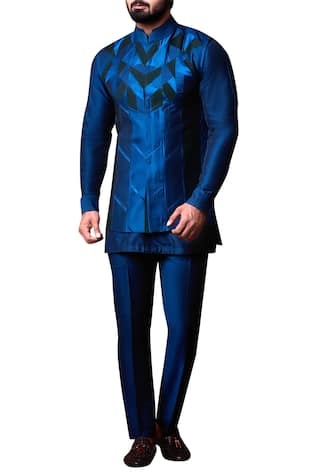 Blue spun silk patchwork jacket set 