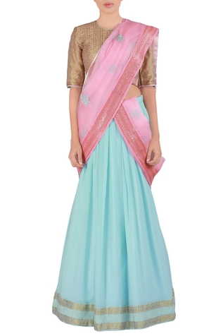 Latha Puttanna Blue embroidered georgette lehenga saree set
