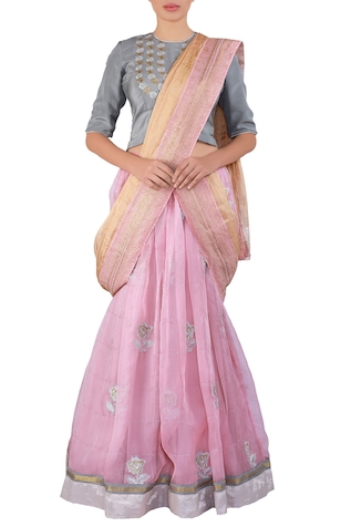 Latha Puttanna Pink embroidered organza lehenga saree set