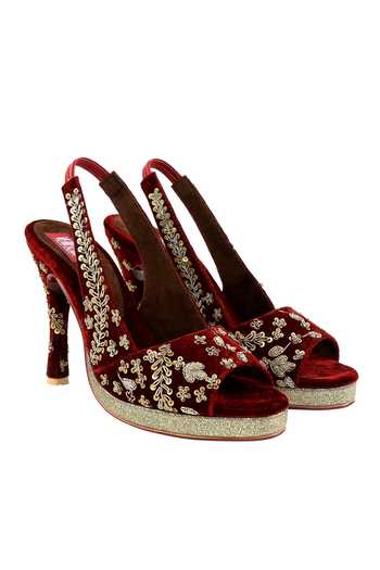 Veruschka By Payal Kothari Maroon Velvet Embellished Peep-Toe Heels 