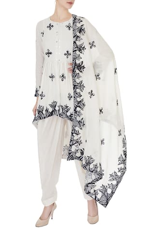 Ivory printed patchwork kurta with dhoti pants 