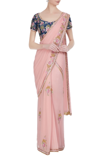 Buy Pink Satin Embellished Pre Draped Saree With Floral Cutdana Blouse For  Women by MEHAK SHARMA Online at Aza Fashions.