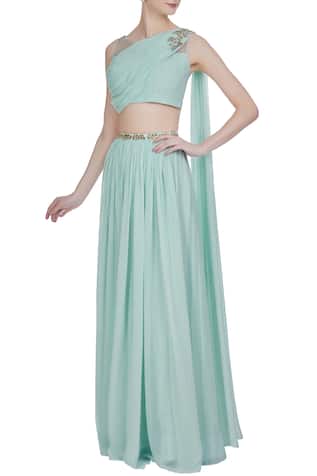 Mukaish & cutdana hand embroidered draped blouse with lehenga 