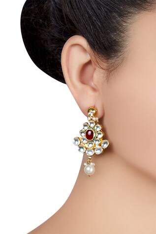 Kundan long earrings with dangling pearls 