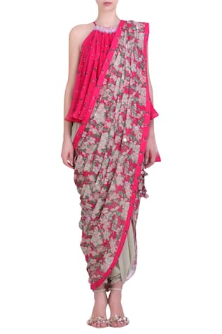 Floral Print Cowl Dhoti Saree 