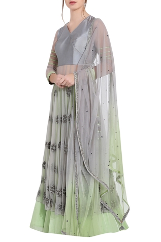 Vedangi Agarwal Grey & green silk thread work & ari technique anarkali with separate skirt
