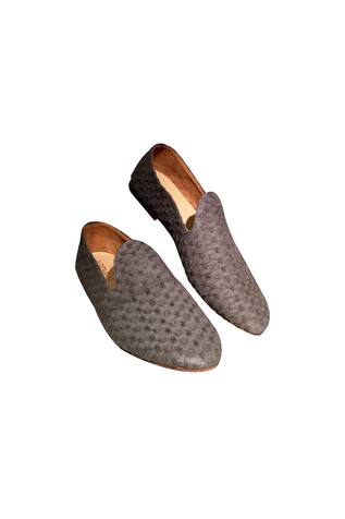 Grey fabric based textured handcrafted loafers
