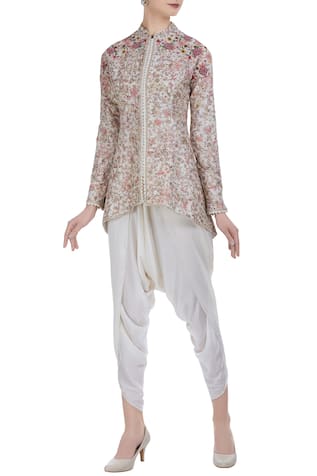 Chanderi silk hand thread embroidered floral jacket with dhoti pants 