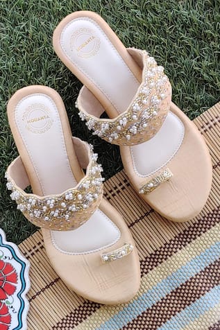 Dark Beige Scallop Embroidered Wedges 