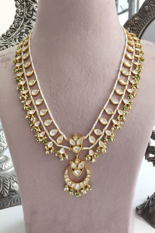Polki Pearl Green Onyx Long Pendant Necklace 
