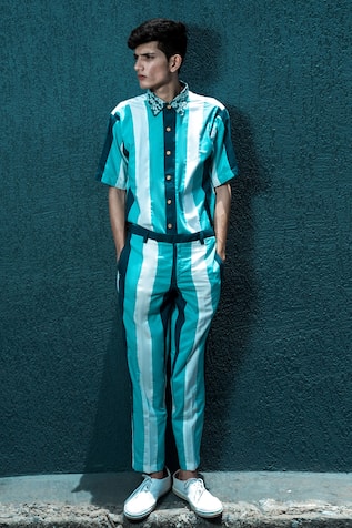 Turquoise Striped Cotton Kurta Set For Kids