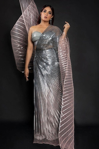 Amit Aggarwal Metallic Ombre Winged Saree With Corset