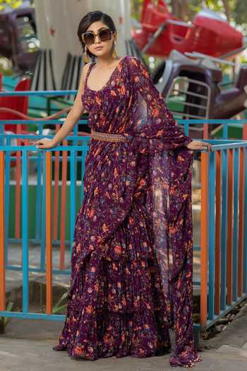 Irrau By Samir Mantri Pre-Draped Floral Print Saree & Blouse Set 