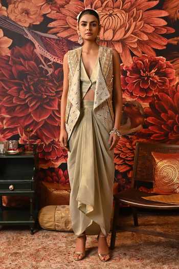 Moledro Aryana Bead Embellished Jacket Set With Draped Skirt 