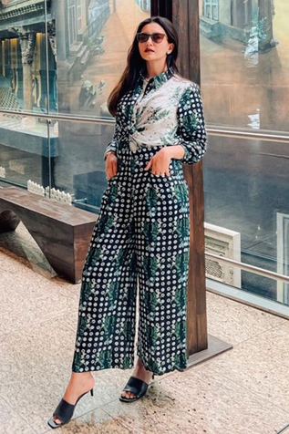 Ekastories Lunar Print Twist Front Shirt & Pant Set