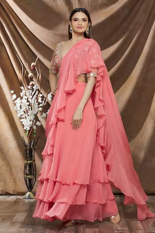 Peach Ruffle Embroidered Saree Set For Kids