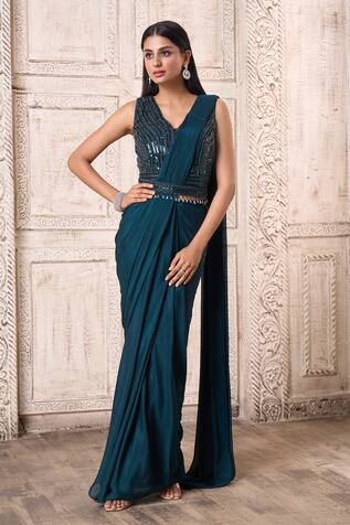 Emerald Green Embroidered Saree Gown – Amit GT Couture