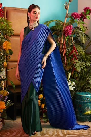 ROYAL BLUE EMBROIDERED SAREE WITH GREY DESIGNER BLOUSE – Zaribanaras global