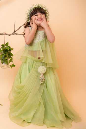 Lil Angels Light Green Silk Organza Lehenga Set 