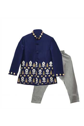 Lil Angels Embroidered Navy Bandhgala & Pant Set 