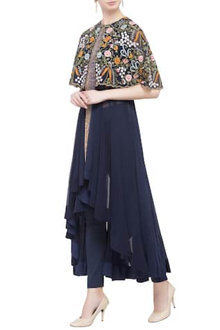 Navy blue chintz embroidered cape Gown 