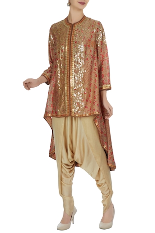 Debyani + Co Printed gold sequin embroidered jacket with dhoti pants