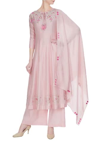 Rose pink chanderi silk thread embroidered kurta set