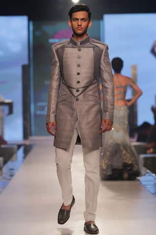 Patchwork & leather detailed sherwani with churidar