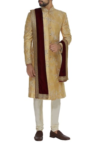 Embroidered sherwani with velvet stole