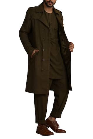 Collared handwoven trench jacket with epaulettes