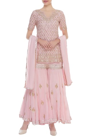 Short Kurta With Booti Embroidered Sharara Pants 
