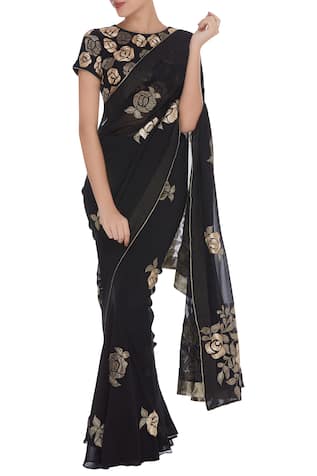 Applique work pre draped saree with matching blouse 