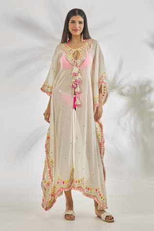 Gopi Vaid Anya Scallop Trim Embroidered Kaftan 