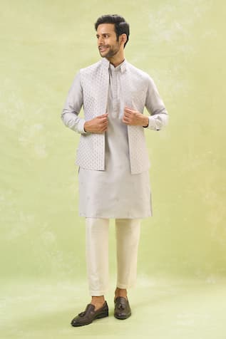 Embroidered Grey Bundi & Kurta Set 