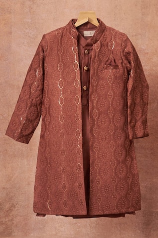 Wine Embroidered Achkan Set 