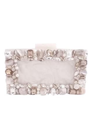 Embellished White Resin Clutch with Sling 