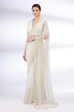Buy Divya Kanakia White Net Embroidered Saree With Blouse Online | Aza ...