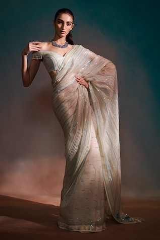 Anjali Kanwar Sheer Silk Sequin Striped Saree Set