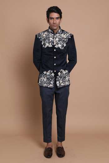 House Of Armuse Suede Velvet Embroidered Bandhgala Set 