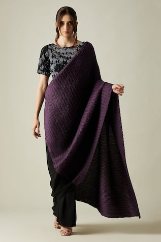 Ray Pleated Draped Saree With Blouse For Kids