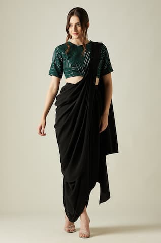 Cowl Draped Saree With Blouse For Kids