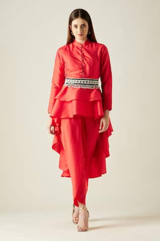 Asymmetric Tunic & Draped Pant Set For Kids