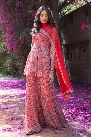 Grey Colour Sleeveless Sharara Gharara With Shrug In Crepe Silk With Flower  Print Dress - House of Surya