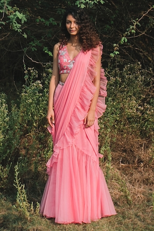 Asaga Ruffle Pre-Draped Saree with Blouse