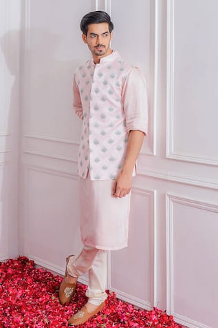 Cotton Silk Embroidered Nehru Jacket 