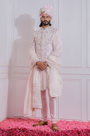 Raw Silk Embroidered Sherwani Set 